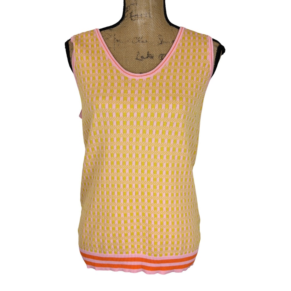 Numph Anthropologie Kevin Sleeveless Knit Top Orange Pink Checkered Size Large‎